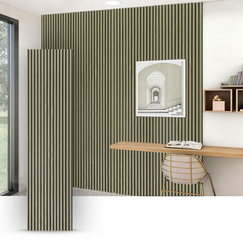 Rešetkasti zid/Akustični zidni panel (3-strani PVC omotan) – tkanina-zrnatost/kožna zrnatost – 2400/2700 mm × 600 mm